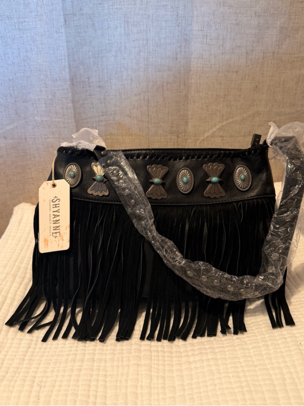 Shyanne Black Fringe concealed carry Crossbody Bag with Turquoise Accent